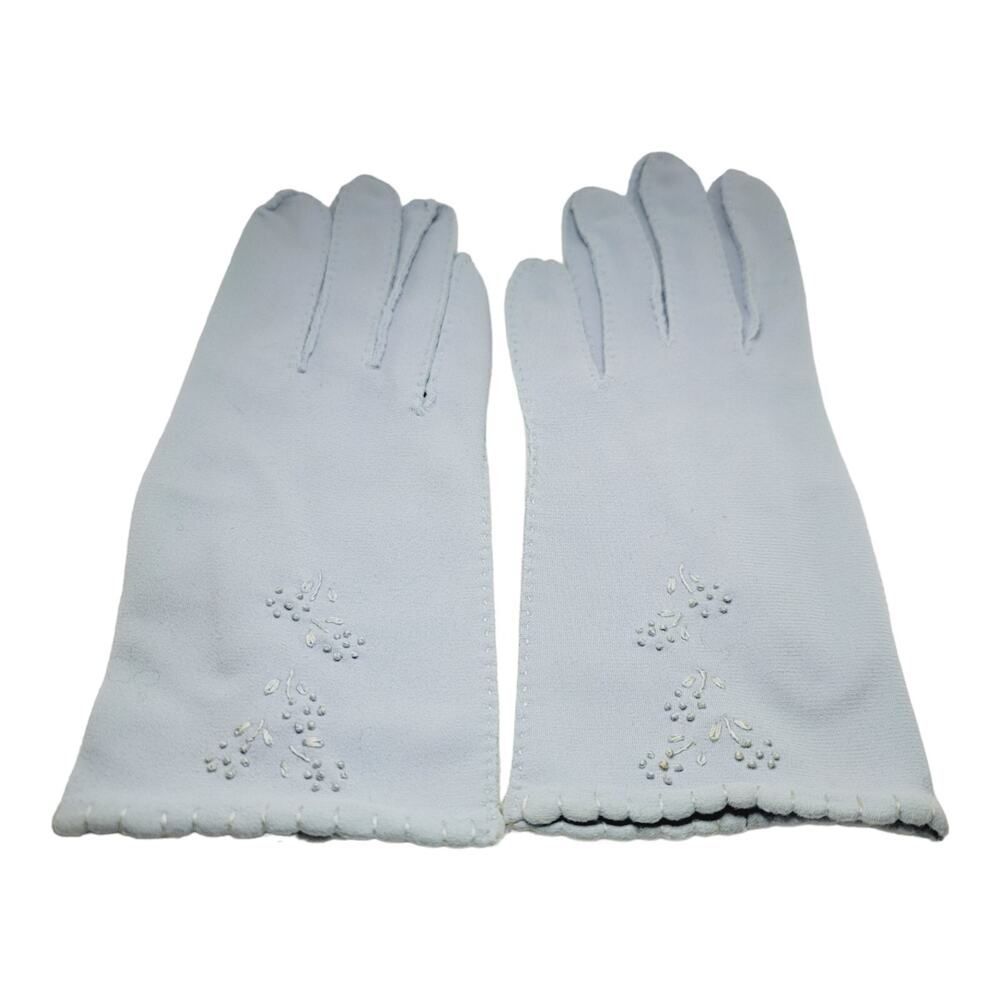 VAN RAALTE Vintage Nylon Size 6.5 Ladies Light Blue Embroidered Women's Glove